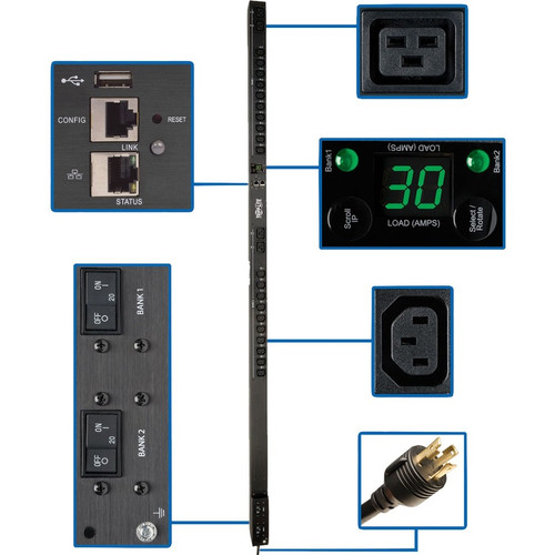 Tripp Lite PDUMV30HVNETLX 24-Outlet PDU - Switched - NEMA L6-30P - 4 x IEC 60320 C19, 20 x IEC 60320 C13 - 230 V AC - 5.80 kW - 0U - - (Fleet Network)