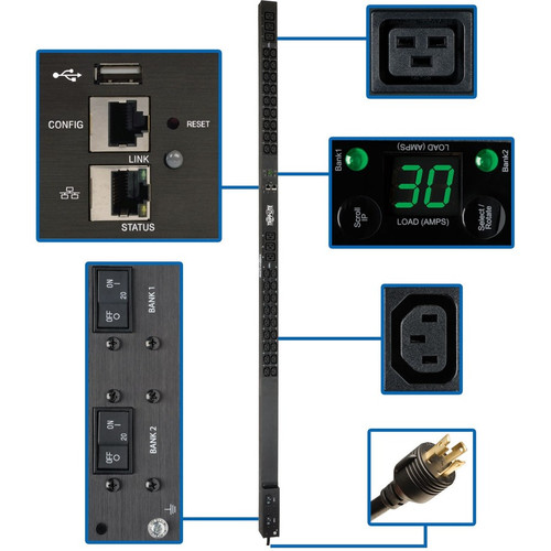 Tripp Lite PDUMNV30HV2LX 42-Outlet PDU - Monitored - NEMA L6-30P - 6 x IEC 60320 C19, 36 x IEC 60320 C13 - 230 V AC - 0U - Vertical - (Fleet Network)