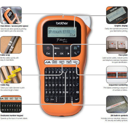 Brother PTE110VP Industrial Durable Label Maker - Direct Thermal - 20 mms Mono - 1 Fonts - 3 Font Size - 10 Text Style - 180 dpi - - PTE110VP