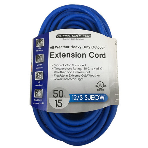 50ft Outdoor All-Weather Extension Cord - 12AWG SJEOW - Power Indicator Light - Blue FN-PX-130D-050BL