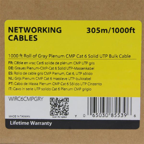 StarTechcom 1000 ft Roll of Gray Plenum CMP Cat 6 Solid UTP Bulk Cable - 1000 ft Category 6 Network Cable for Network Device - Bare - WIRC6CMPGRY
