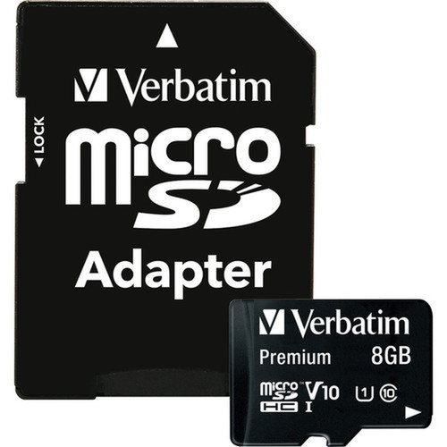 Verbatim 8GB Premium microSDHC Memory Card with Adapter UHS-I V10 U1 Class 10 - 30 MBs Read - 10 MBs Write - Lifetime Warranty 44081