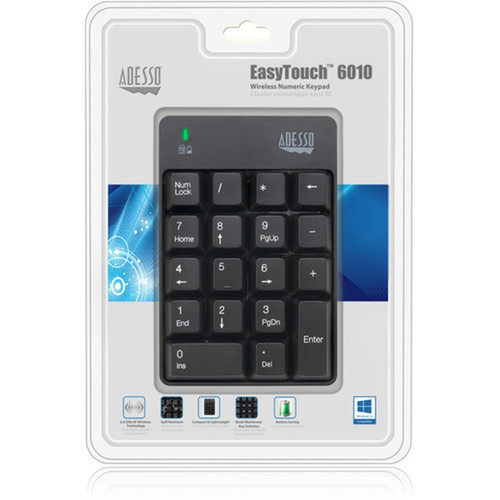 Adesso WKB-6010UB - Wireless Spill Resistant 18-Key Numeric Keypad - Wireless Connectivity - RF - USB Interface - 18 Key - English - - WKB-6010UB