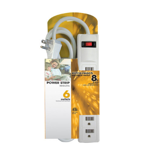 6 Outlet Power Strip - 8ft Cord Down Angle Plug - White FN-PB-011-WH