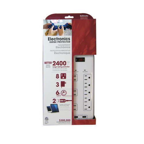 8 Outlet Surge Protector - 2400J 6ft Cord Down Angle Plug 2 USB Charging Ports - White FN-PB-510-WH