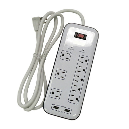 8 Outlet Surge Protector - 2400J 6ft Cord Down Angle Plug 2 USB Charging Ports - White FN-PB-510-WH