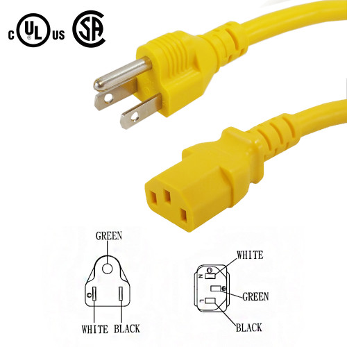 1ft 5-15P to C13 Power Cable 14AWG SJT (15A 125V) Yellow (FN-PW-105C-01YL)