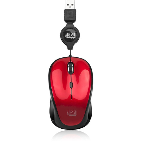 Adesso iMouse S8R - USB Illuminated Retractable Mini Mouse - Optical - Cable - Red - USB 2.0 - 1600 dpi - Scroll Wheel - 3 Button(s) - (Fleet Network)