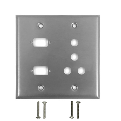 Double Gang, 2-Port DB9 size cutout + 4 x 3/8 inch hole Stainless Steel Wall Plate ( Fleet Network )