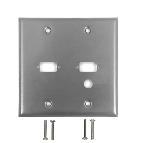 Double Gang, 2-Port DB9 size cutout , 1 x 3/8 inch hole Stainless Steel Wall Plate ( Fleet Network )
