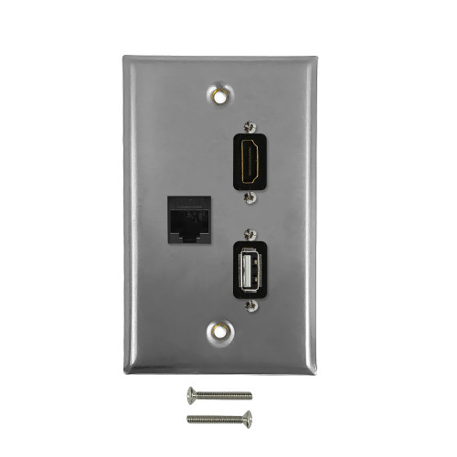 Single Gang SS Wall Plate Kit (1x HDMI, 1x USB, 1x CAT6) ( Fleet Network )