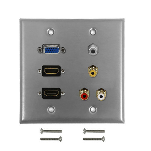 VGA 2x HDMI 35mm RCA Composite  LeftRight Audio Double Gang Wall Plate Kit - Stainless Steel FN-WPK-SS-201