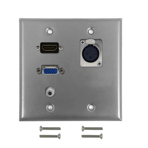 VGA 35mm HDMI XLR Locking Female Double Gang Wall Plate Kit - Stainless Steel FN-WPK-SS-203