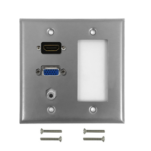 VGA, HDMI, 3.5mm, Decora Hole Double Gang Wall Plate Kit - Stainless Steel ( Fleet Network )