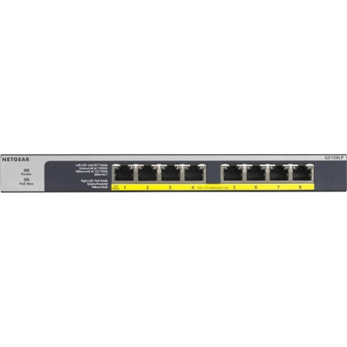 Netgear 8-Port PoE/PoE+ Gigabit Ethernet Unmanaged Switch (GS108LP) - 8 Ports - 2 Layer Supported - Twisted Pair - Wall Mountable, - (Fleet Network)