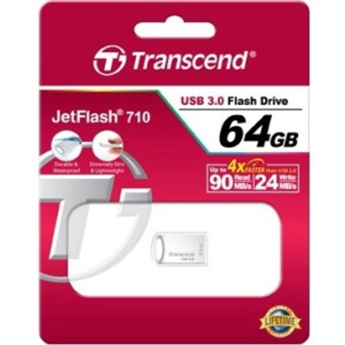 Transcend JetFlash 710 USB 3.0 Flash Drive - 64 GB - USB 3.0 - Silver - Ergonomic, Dust Resistant, Shock Resistant, Water Resistant (Fleet Network)