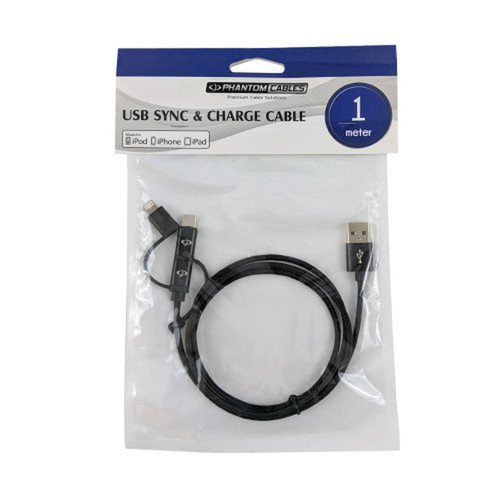 1m 3-in-1 Apple iPhone 8-pin LightningMicro BType-C to USB A Male Cable with Black Mesh - Apple MFi certified FN-AP-USB-MLC-03BKM