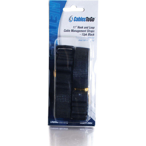 C2G 11 Inch Hook and Loop Cable Management Strap - Black - 12 Pack 29854