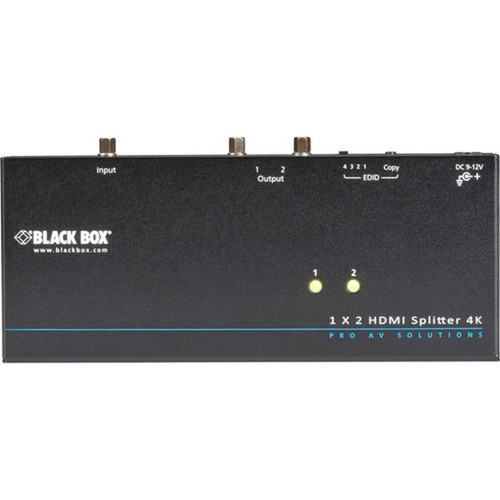 Black Box 4K HDMI Splitter - 1 x 2 - 3840  2160 - 1 x HDMI In - 2 x HDMI Out - TAA Compliant VSP-HDMI1X2-4K