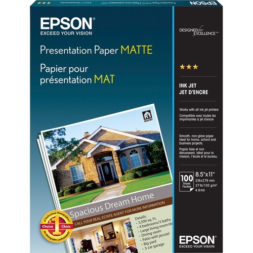 Epson Presentation Paper - Letter - 8 1/2" x 11" - 27 lb Basis Weight - Matte - 100 / Pack - White (Fleet Network)