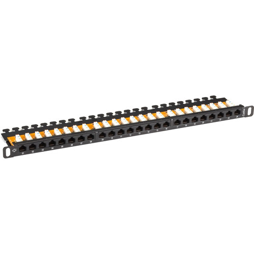 Black Box SpaceGAIN CAT5e Patch Panel - 1/2U, Unshielded, 24-Port - 24 Port(s) - 24 x RJ-45 - 0.5U High - Rack-mountable - TAA (Fleet Network)