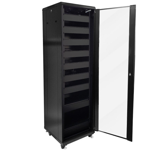A V And Networking Cabinet Pre-Loaded With Fan Top Nine Shelves Blank Panels Tapped Rails Black A/V FN-RM-1220