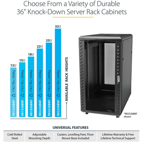 StarTechcom 18U 19 Server Rack Cabinet - 4 Post Adjustable Depth 6-32 Locking Knock Down Enclosure - Mobile wGlass Door  - 18U RK1836BKF
