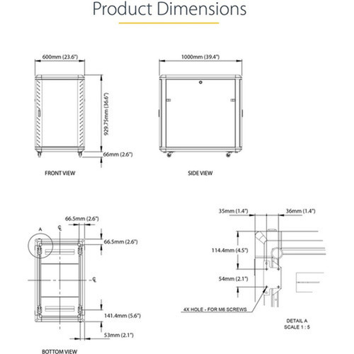 StarTechcom 18U 19 Server Rack Cabinet - 4 Post Adjustable Depth 6-32 Locking Knock Down Enclosure - Mobile wGlass Door  - 18U RK1836BKF