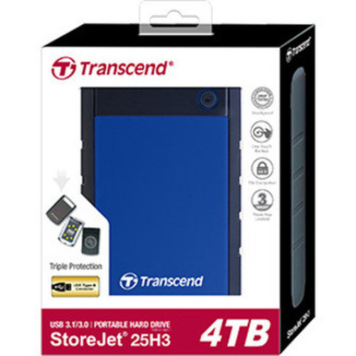 Transcend StoreJet 25H3 4 TB Portable Hard Drive - 25 External - SATA - Navy Blue - USB 30 - 256-bit Encryption Standard - 3 Year TS4TSJ25H3B