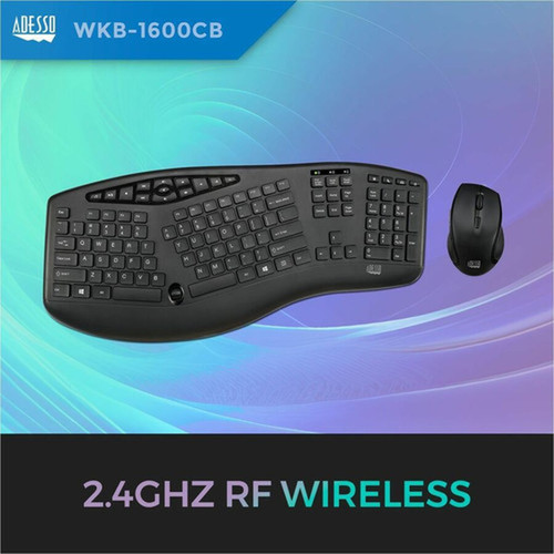 Adesso TruForm Wireless Ergonomic Keyboard And Optical Mouse - USB Membrane Wireless RF 240 GHz Keyboard - 104 Key - English US - - WKB-1600CB
