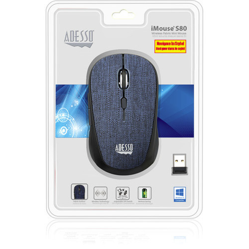 Adesso iMouse S80L - Wireless Fabric Optical Mini Mouse Blue - Optical - Wireless - Radio Frequency - 240 GHz - No - Blue - USB - - IMOUSE S80L