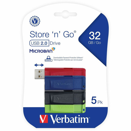 Verbatim 32GB Store 'n' Go USB Flash Drive - 5pk - Assorted - 32 GB - USB 2.0 Type A - Assorted - Lifetime Warranty - 5 Pack (Fleet Network)