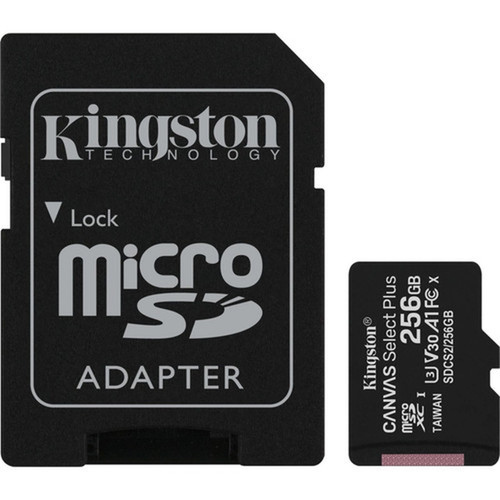 Kingston Canvas Select Plus 256 GB Class 10UHS-I U3 microSDXC - 1 Pack - 100 MBs Read - 85 MBs Write - Lifetime Warranty SDCS2256GB