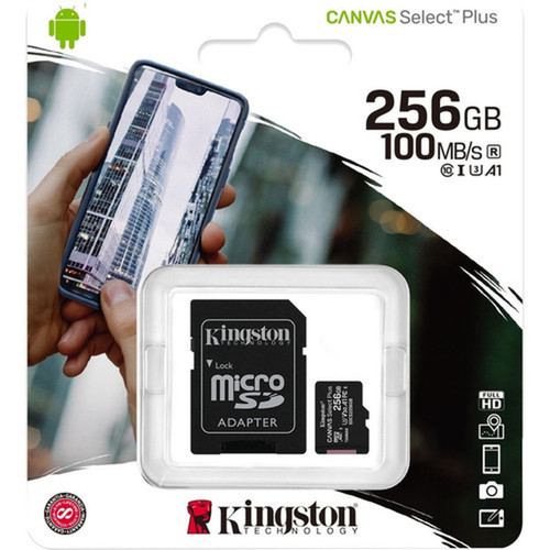 Kingston Canvas Select Plus 256 GB Class 10UHS-I U3 microSDXC - 1 Pack - 100 MBs Read - 85 MBs Write - Lifetime Warranty SDCS2256GB