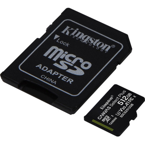 Kingston Canvas Select Plus 512 GB Class 10UHS-I U3 microSDXC - 1 Pack - 100 MBs Read - 85 MBs Write - Lifetime Warranty SDCS2512GB