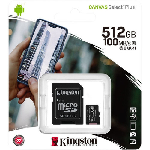 Kingston Canvas Select Plus 512 GB Class 10UHS-I U3 microSDXC - 1 Pack - 100 MBs Read - 85 MBs Write - Lifetime Warranty SDCS2512GB