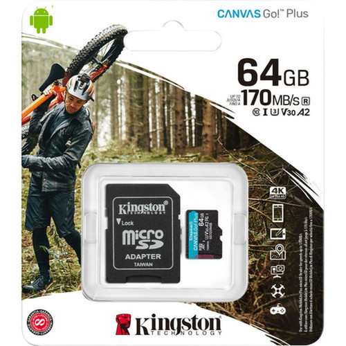 Kingston Canvas Go Plus 64 GB Class 10UHS-I U3 microSDXC - 170 MBs Read - 70 MBs Write - Lifetime Warranty SDCG364GB