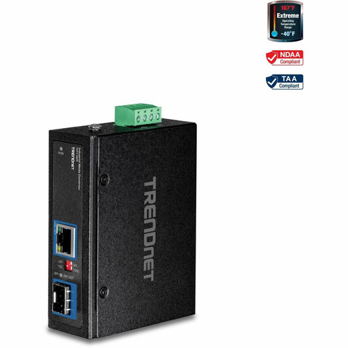 TRENDnet Hardened Industrial 100/1000 Base-T To SFP Media Converter, DIN-Rail And Wall Mount Hardware Included, Multi Or Single Mode - (TI-F11SFP) TI-F11SFP Transceivers & Media Converters physical TRENDnet Fleet Network Canada