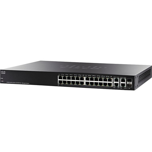 Cisco SF300-24PP 24-Port 10/100 PoE+ Managed Switch w/Gig Uplinks - 26 Ports - Manageable - Fast Ethernet, Gigabit Ethernet - - - 3 - (Fleet Network)