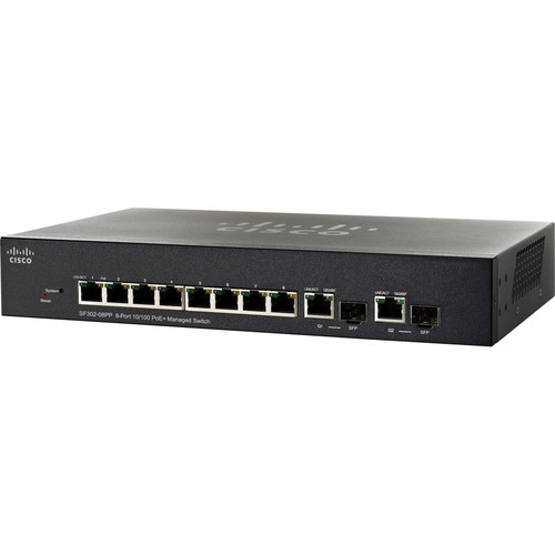 Cisco SF302-08PP 8-Port 10/100 PoE+ Managed Switch - 10 Ports - Manageable - 10/100Base-TX, 10/100/1000Base-T - Refurbished - 3 Layer (Fleet Network)