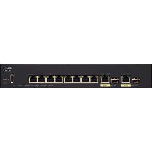 Cisco SF352-08P-K9-NA-RF SF352-08P 8-Port Managed PoE+ Switch - 8 Fast Ethernet PoE+ - 2 Gigabit SFP Combo - Layer 3 - Rack-Mountable - Refurbished
