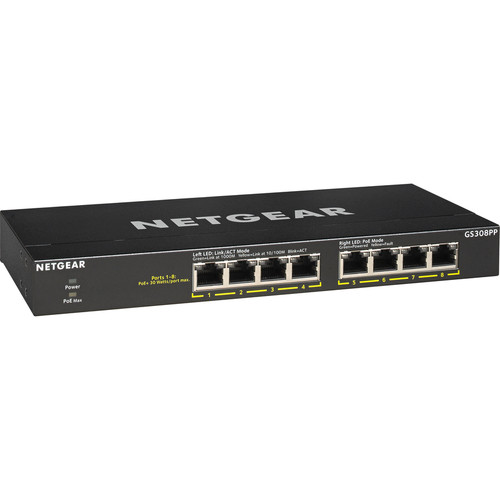 Netgear GS308PP-100NAS GS308PP 8-Port Gigabit Ethernet PoE+ Switch - 83W PoE Budget - Layer 2 - Unmanaged - Desktop/Wall Mountable