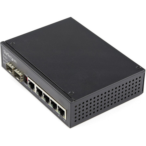StarTech.com Industrial 6 Port Gigabit Ethernet Switch 4 PoE RJ45 +2 SFP Slots 30W PoE+ 48VDC 10/100/1000 Mbps -40C to 75C w/DIN - 6 - (Fleet Network)