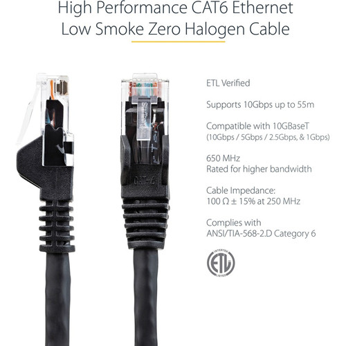 StarTech. com N6LPATCH3BK 3ft CAT6 Ethernet Cable - LSZH Snagless 10GbE 100W PoE++ UTP RJ45 Black Patch Cord
