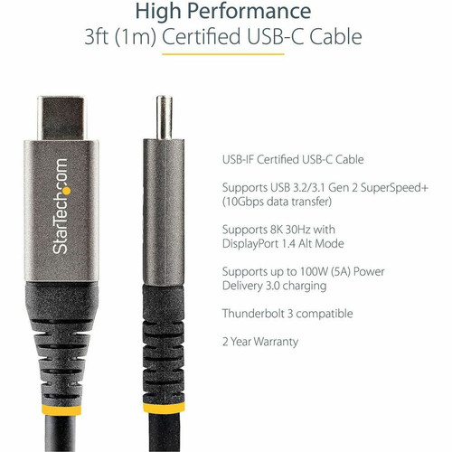 StarTech.com 3ft 1m USB C Cable 10Gbps, USB-IF Certified USB-C Cable, USB 3.1 Type-C Cable, 5A/100W PD, DP Alt Mode, USB C Cord - USB (USB31CCV1M)