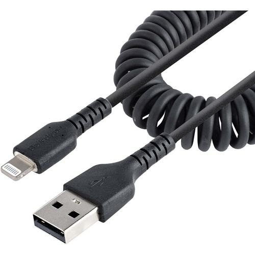 StarTech.com 1m (3ft) USB to Lightning Cable, MFi Certified, Coiled iPhone Charger Cable, Black, Durable TPE Jacket Aramid Fiber - USB (Fleet Network)