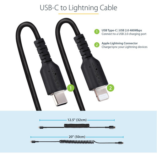 StarTech.com 50cm / 20in USB C to Lightning Cable, MFi Certified, Coiled iPhone Charger Cable, Black, TPE Jacket Aramid Fiber - 20in - (RUSB2CLT50CMBC)