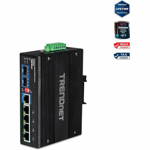 TRENDnet 6-Port Hardened Industrial Gigabit 10/100/1000 Mbps Ultra PoE DIN-Rail Switch; UPoE; IP30; DIN-Rail & Wall Mounts Included; - (Fleet Network)