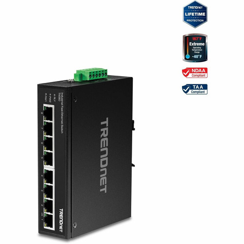 TRENDnet 8-Port Industrial Unmanaged Fast Ethernet DIN-Rail Switch; TI-E80 8 x Fast Ethernet Ports; 1.6Gbps Switching Capacity;8 Port (Fleet Network)