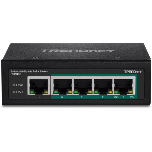 TRENDnet Hardened Industrial 5 Port Unmanaged Gigabit DIN-Rail Switch Four PoE Plus Ports X TI-PG50